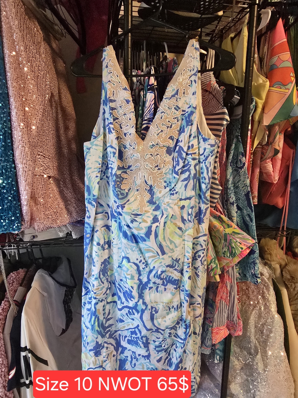 Lilly Pulitzer Blue and White V-Neck Floral Midi Dress